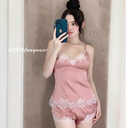 SẴN SỈ _Đồ bộ ngủ 2 dây Set đồ ngủ lụa Quảng Châu mặc nhà phối viền ren cao cấp SP005 (có ảnh thật trải sàn)
