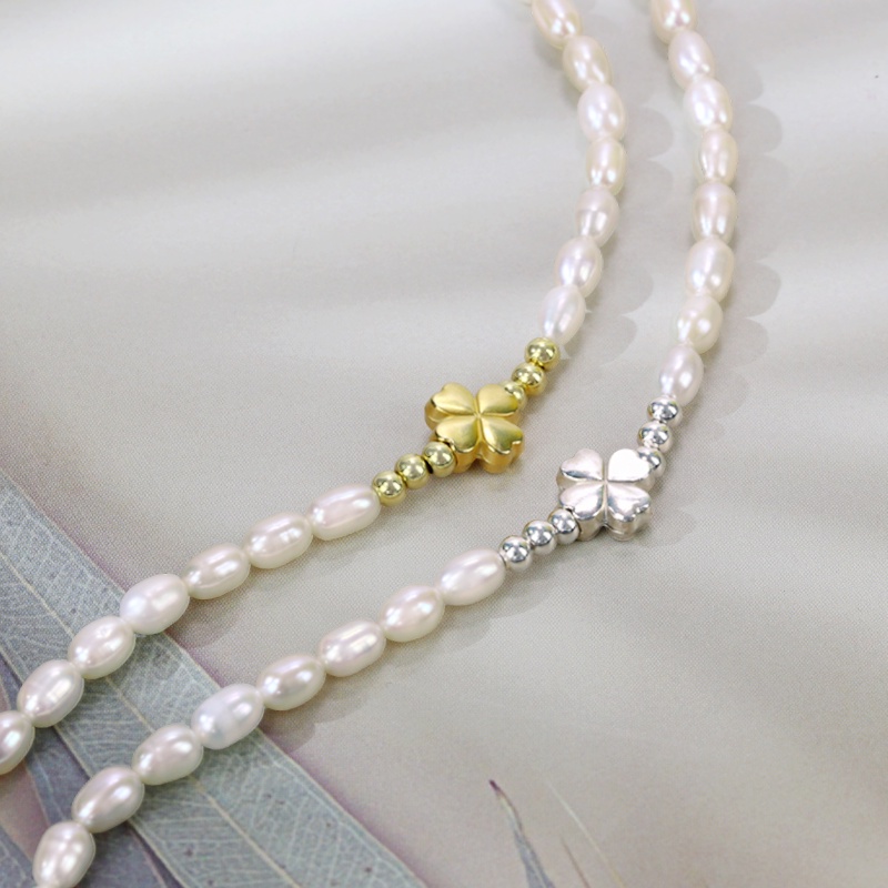 Vòng tay ngọc trai nuôi , hạt ngọc nhí 5mm mix charm cỏ 4 lá may mắn bạc s925 LT2776 - Bảo Ngọc Jewelry