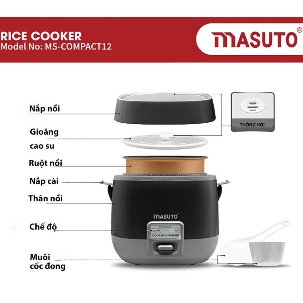 Nồi Cơm Điện Tử Lòng Niêu Masuto Chính Hãng 1,8L Nấu Ngon Vị Truyền Thống Có Thể Nấu Cơm Cháy- Công xuất 700W - BH 1 năm