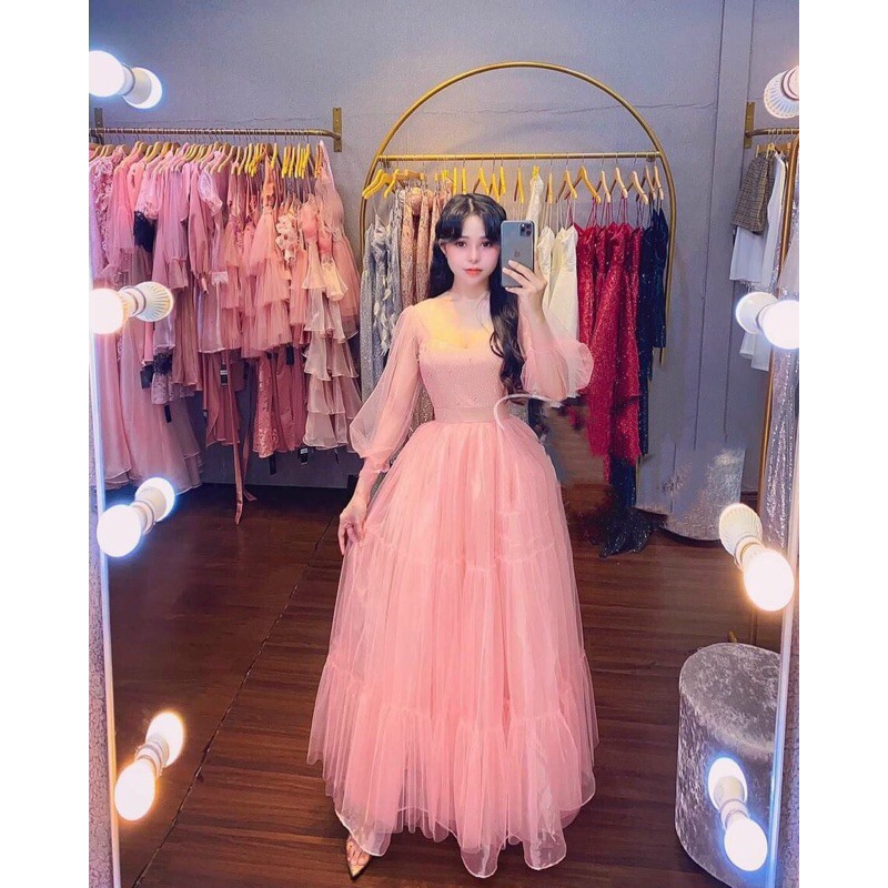 ĐẦM XÒE KIM TUYẾN TAY DÀI ĐÍNH CƯỜM