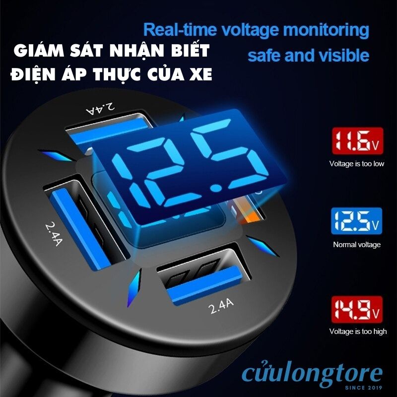Tẩu Sạc Ô Tô 4 Cổng Sạc, Có 1 Cổng Sạc Nhanh Quick Charge 3.0 18W, Đèn Led Sáng Đẹp, tẩu sạc nhanh trên xe hơi xe máy