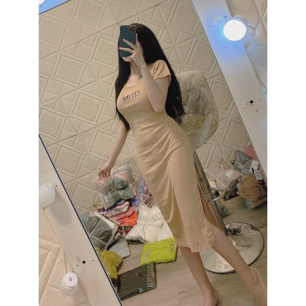 Đầm body tv cổ bẻ tay ngắn hở lưng tiện lợi chất thun gân mịn hở lưng sexy