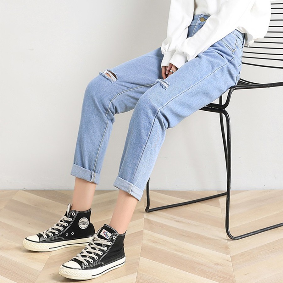 (Bigsize 26-36) Quần Baggy Jean Nữ, Rách 2 Gối Đậm / Nhạt, Lưng Cao, Không Giãn | BigBuy360 - bigbuy360.vn