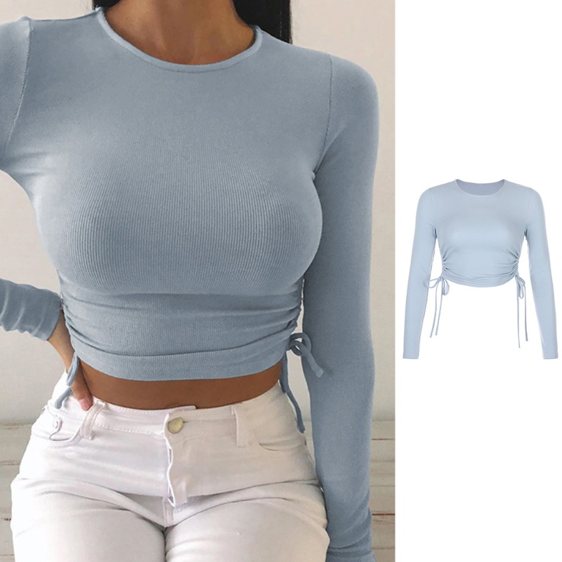 Áo Croptop Tay Dài Cổ Tròn Màu Trơn Dáng Ôm Thời Trang Mùa Thu Cho Nữ