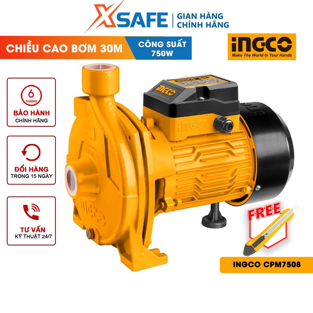 Máy bơm li tâm INGCO CPM7508 Công suất 750W(1HP), điện thế 220-240v, chiều cao bơm tối đa 30m, hút âu tối đa 8m