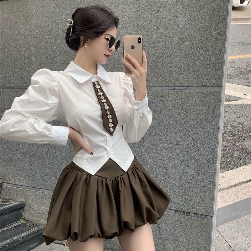 Set Áo Sơ Mi Trắng Tay Phồng + Chân Váy Xếp Ly Thiết Kế Lưng Cao Thời Trang Mùa Thu Cho Nữ (Có Bán Lẻ) | BigBuy360 - bigbuy360.vn