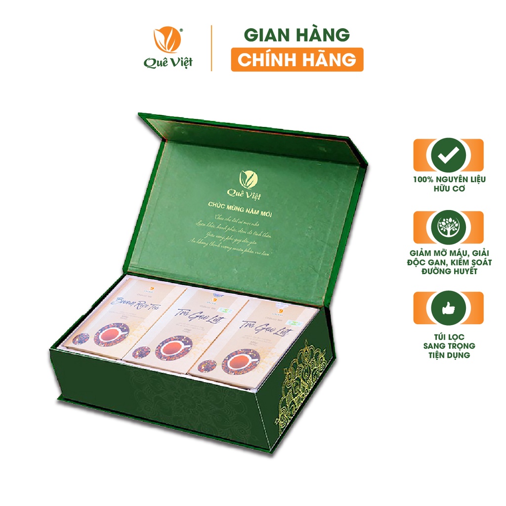 Hộp quà tết Trà gạo lứt Quê Việt thanh lọc gan, giải độc cơ thể nguyên liệu tự nhiên an toàn (3 Hộp x 600Gr)