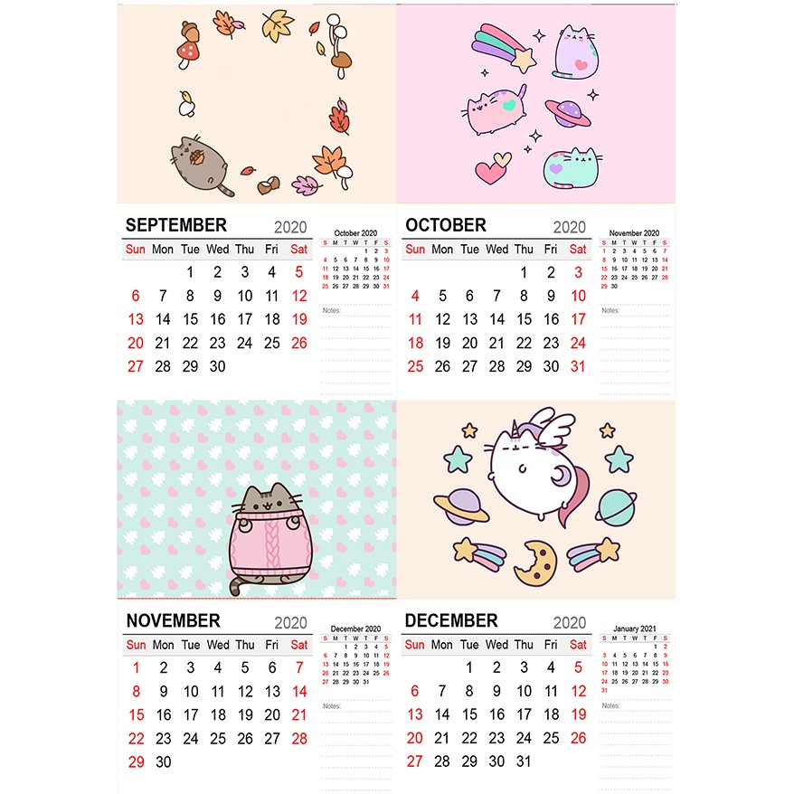 Lịch treo tường pusheen 2021 A4 13 tờ LA4I9 Lịch treo tường dễ thương