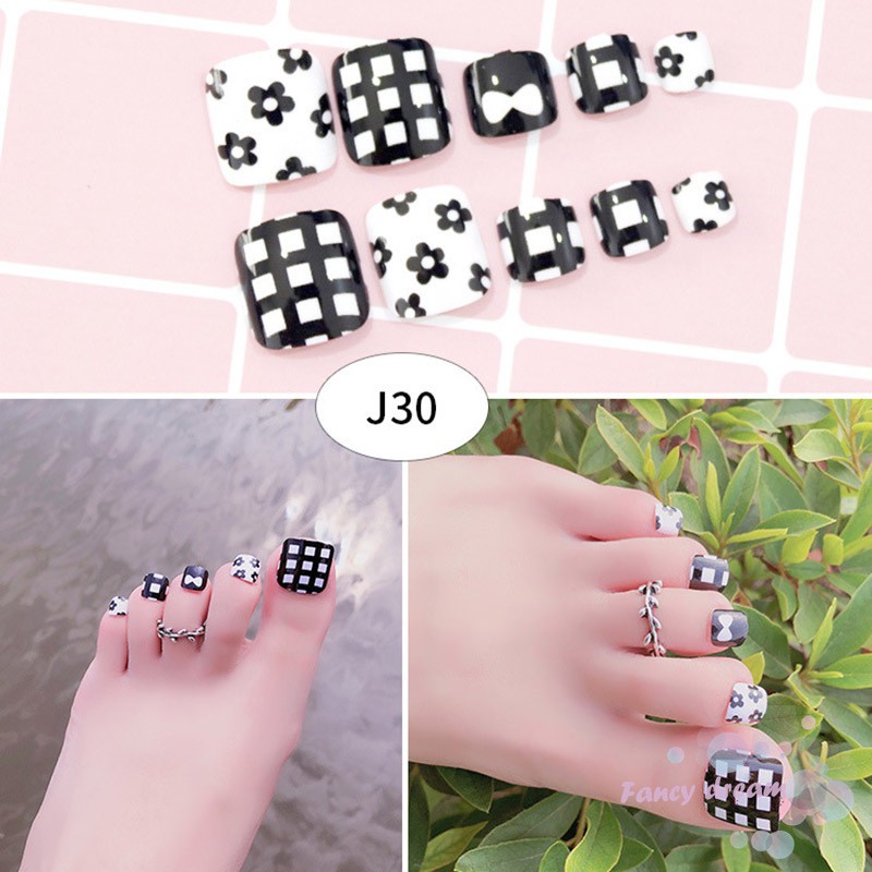 Set 24 móng chân giả nhiều họa tiết độc đáo kèm keo dán tiện dụng cho nữ