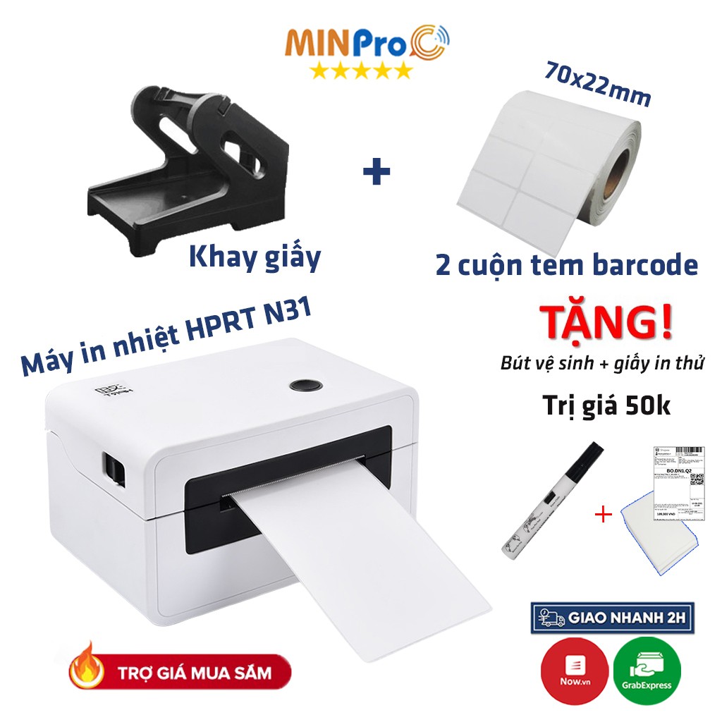 Máy in nhiệt mini HPRT N31 in đơn hàng TMĐT kèm khay và 2 cuộn 2 tem 70*22mm bảo hành 12 tháng