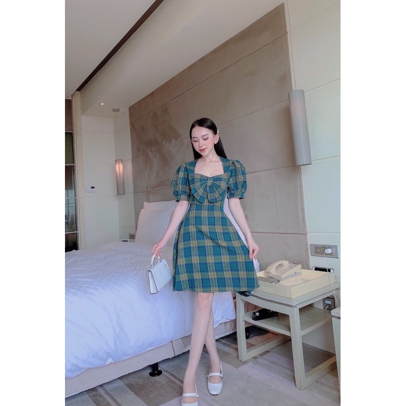 Đầm carô tay phồng👗🤗 👗𝐇𝐚̀𝐧𝐠 𝐓𝐡𝐢𝐞̂́𝐭 𝐊𝐞̂́ 𝐒𝐢𝐞̂𝐮 𝐇𝐨́𝐭 tay ngắn phồng dáng xòe thời trang nữ