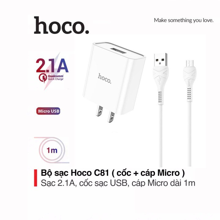 Bộ sạc nhanh 2.1A Hoco C81 chuôi dẹt kèm dây sạc Micro dài 1M cho Android