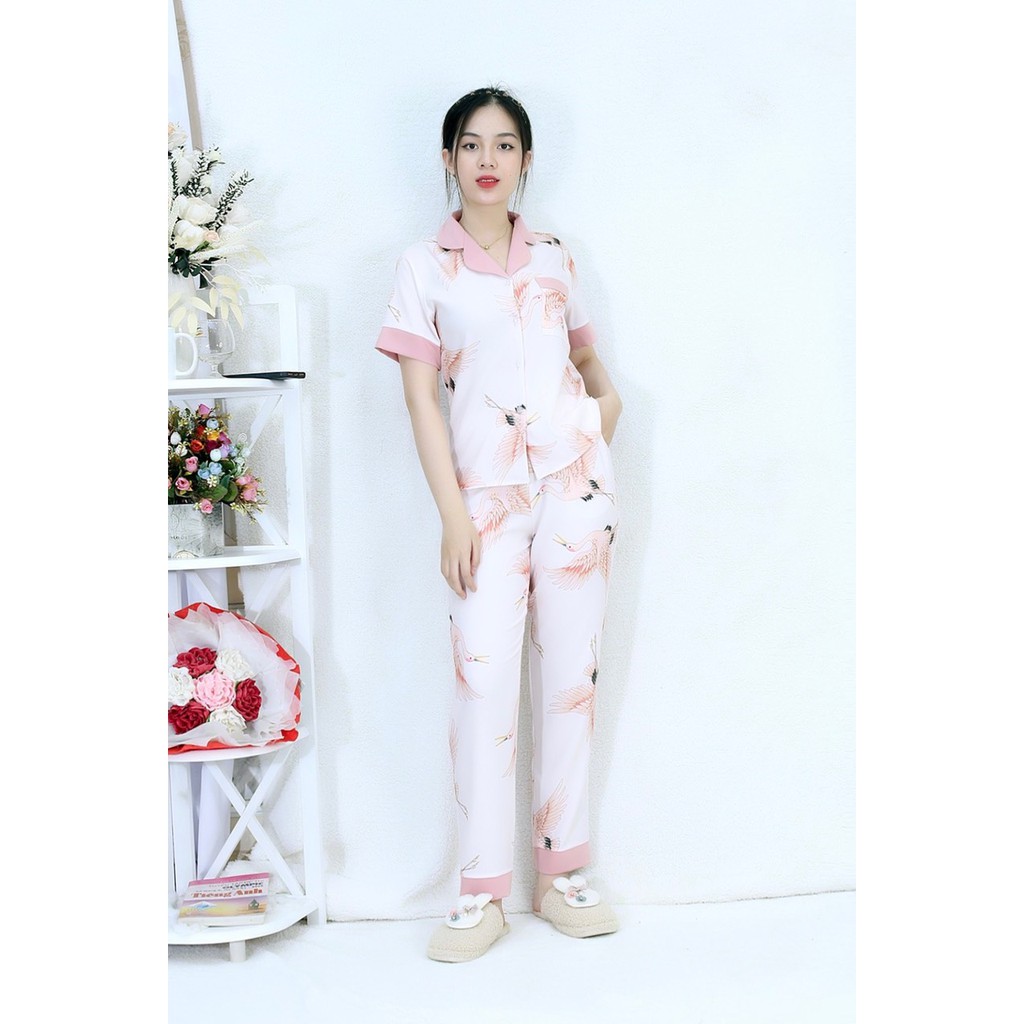 [HÌNH THẬT 100%] Bộ đồ Pijama nữquần dài áo ngắn tay CON CÒ PHA CỔ HỒNG  - vải lụa c cotton cao cấp - Cực Kì Sang Chảnh | BigBuy360 - bigbuy360.vn