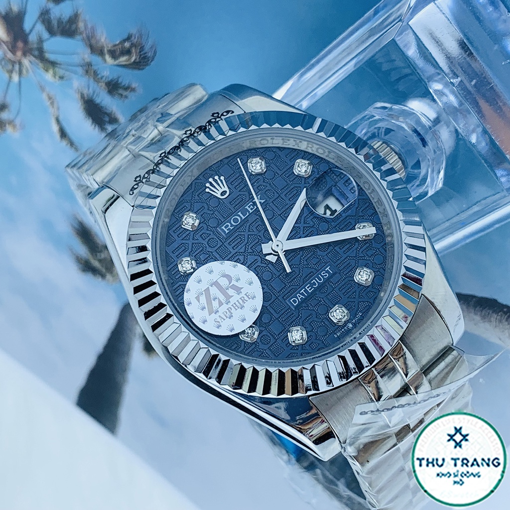 Đồng hồ nam Rolex cơ Automatic máy nhật mẫu mặt 3D xanh viền trắng dây thép trắng size 39-40mm