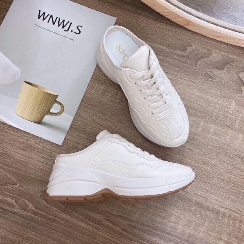 GIÀY SỤC THỂ THAO ULZZANG ĐỘN ĐẾ, sục da phong cách màu be form nhỏ | BigBuy360 - bigbuy360.vn