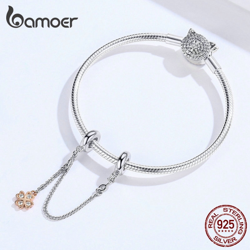 BAMOER Vòng Tay Gắn Mặt Hình Cỏ Bốn Lá Bằng Silicone BạC 925 SCC1261