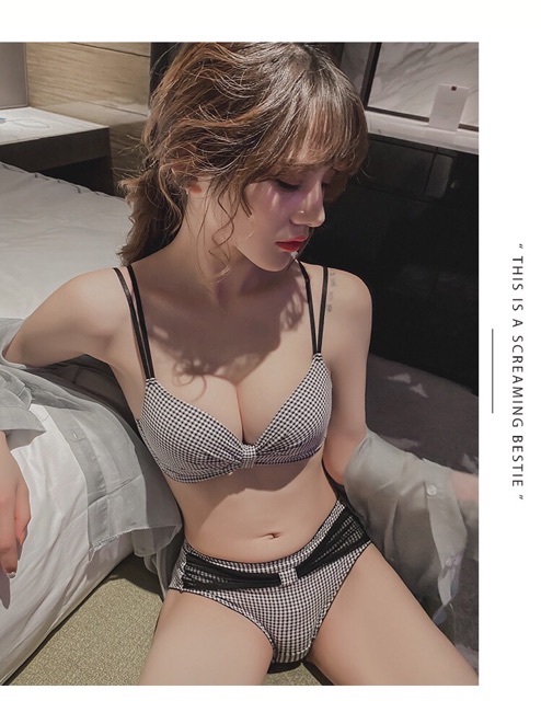 Bộ Đồ Lót Nơ Không Gọng Đẩy Ngực Phối Kẻ Siêu Hot 970