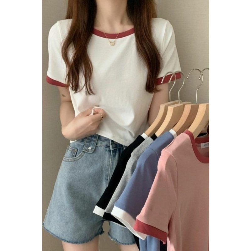Áo Thun Tay Ngắn Cổ Tròn Màu Sắc Tương Phản Thời Trang Mùa Hè Phong Cách Hàn Quốc Cho Nữ