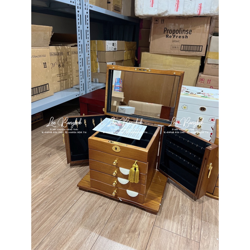 (Hàng Có Sẵn) Rương Gỗ Đựng Trang Sức, Ngọc Cẩm Thạch, Đá Quí Cao Cấp, Mở Cánh 2 Bên, 4-5 Tầng Mở Cánh