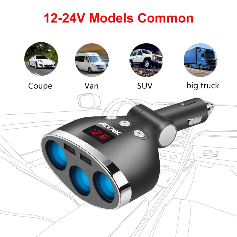 Tẩu Sạc Xe Hơi 120W 5 Cổng USB 3 Cổng Có Đèn Led Hiển Thị Vôn Kế Cho Android iPhone