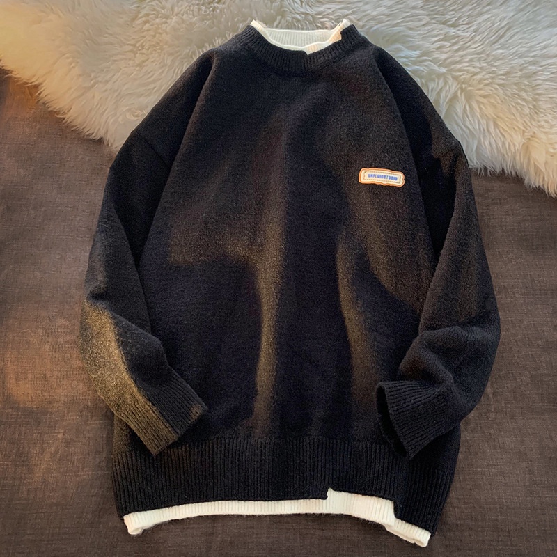Áo Sweater Dệt Kim Cổ Tròn Giả Hai Lớp Màu Trơn Thời Trang Thu Đông Cho Nam