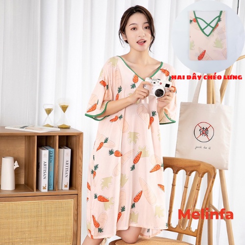 (Xả kho) Váy ngủ ngắn tay vải Cotton lụa tự nhiên thoáng mát mềm mịn, đầm mặc nhà cổ V gợi cảm freesize mã VAV0270