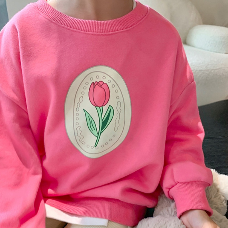 Áo Sweater Tay Dài Chui Đầu In Hình Hoa Tulip Kiểu Hàn Quốc Thời Trang Mùa Thu Cho Bé Gái