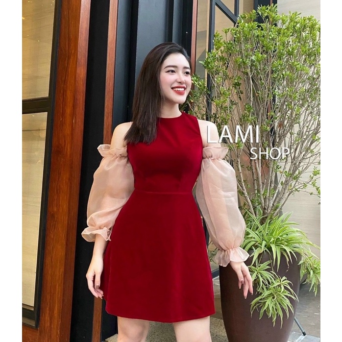 Đầm váy thời trang nữ mặc đi chơi chất umi tay lưới phồng dài 2 màu đen và đỏ