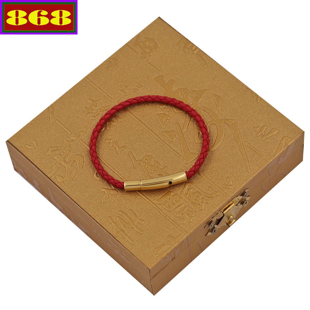 Vòng tay dây da đỏ 3 ly VDDOBV móc inox vàng