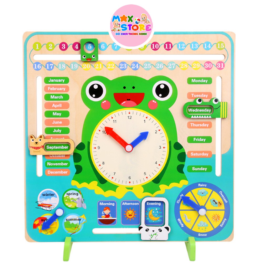 Đồ Chơi Đồng Hồ Gỗ Con Ếch Giúp Bé Học Xem Ngày Tháng Bằng Tiếng Anh Calendar Clock