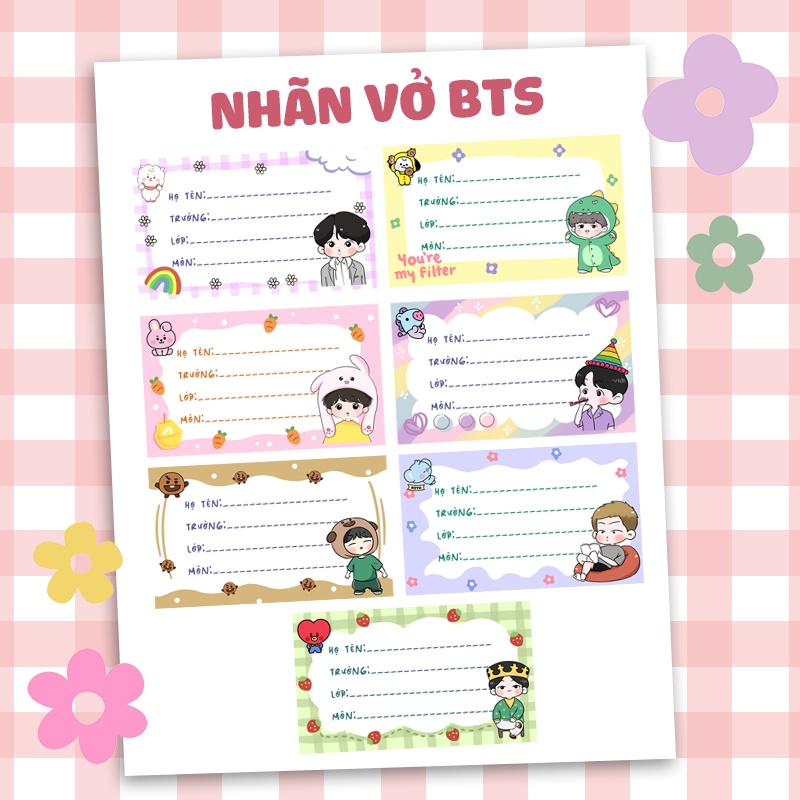 Nhãn vở học sinh chibi BTS thiết kế đủ 7 thành viên nhiều màu xinh xắn