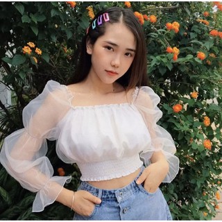 Áo Kiểu Trễ Vai Voan Kiến Croptop Dài Tay Cho Nữ Kiểu Dáng Nhẹ Nhàng Thời Trang