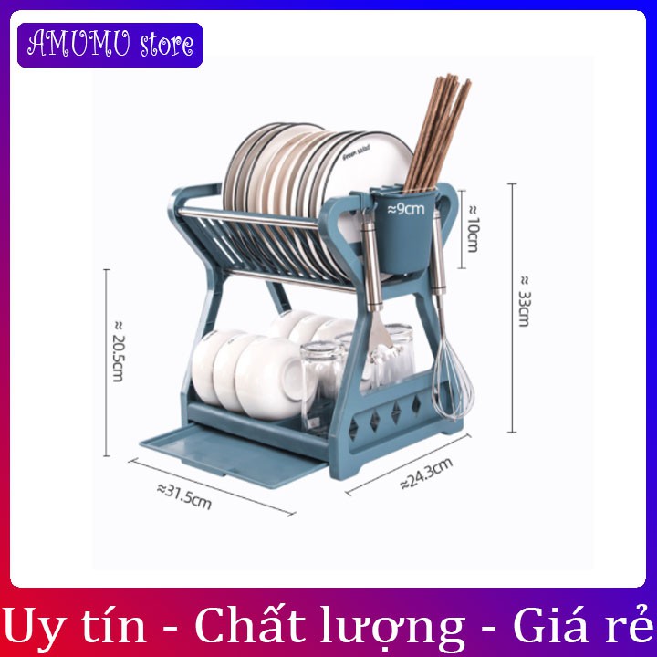 Kệ để bát 2 tầng có ống đựng đũa nhà bếp phòng trọ, Kệ để bát đĩa thoát nước thông minh, Tủ đựng bát mini thông minh