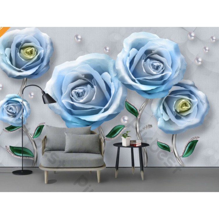 [Xưởng Tranh] Tranh dán tường 3d, Hoa hồng xanh trang trí phòng khách phòng ngủ hiện đại(tích hợp sẵn keo) MS818614 (kíc