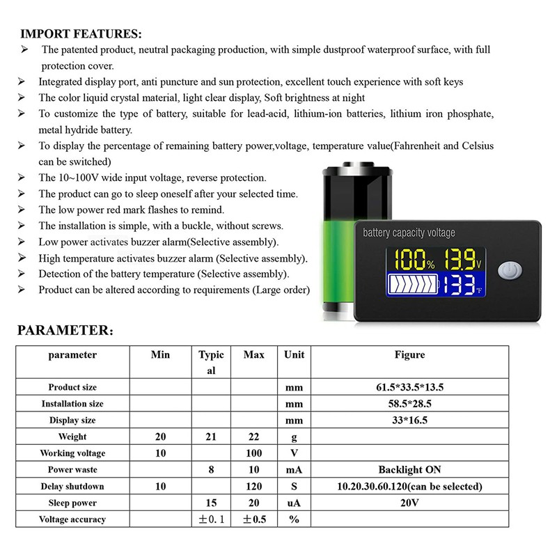 Battery Capacity Voltage Meter with Temperature Sensor 12V 72V Lead Acid Battery Lithium Battery Gauge Meter for Cars