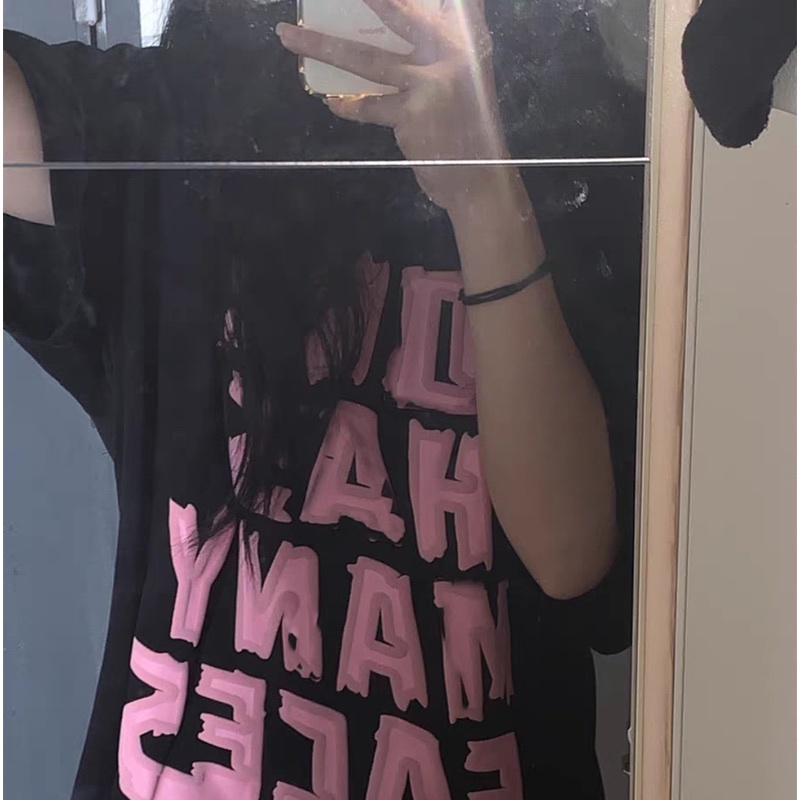 Áo Thun Nữ Ngắn Tay Màu Đen In Chữ Phong Cách Retro Mỹ