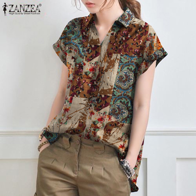 Áo sơ mi ZANZEA tay ngắn cổ bẻ in họa tiết vintage thời trang dành cho nữ
