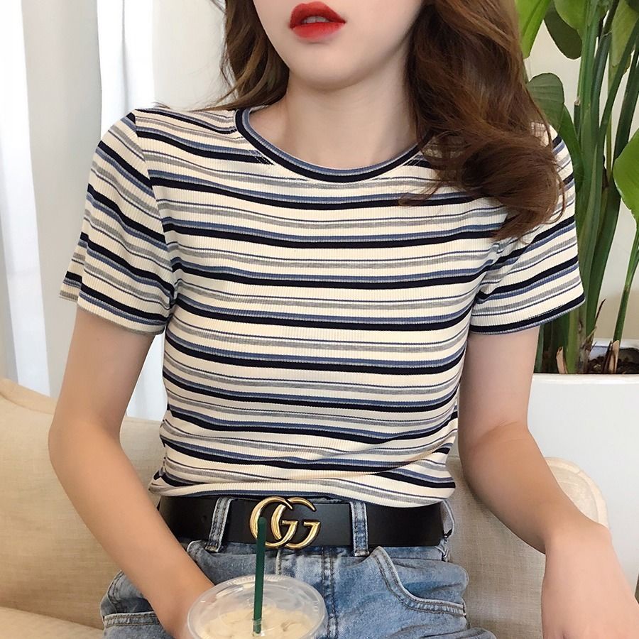 Áo Thun Nữ Tay Ngắn Chất Liệu 95% Cotton Họa Tiết Kẻ Sọc Thời Trang Mới