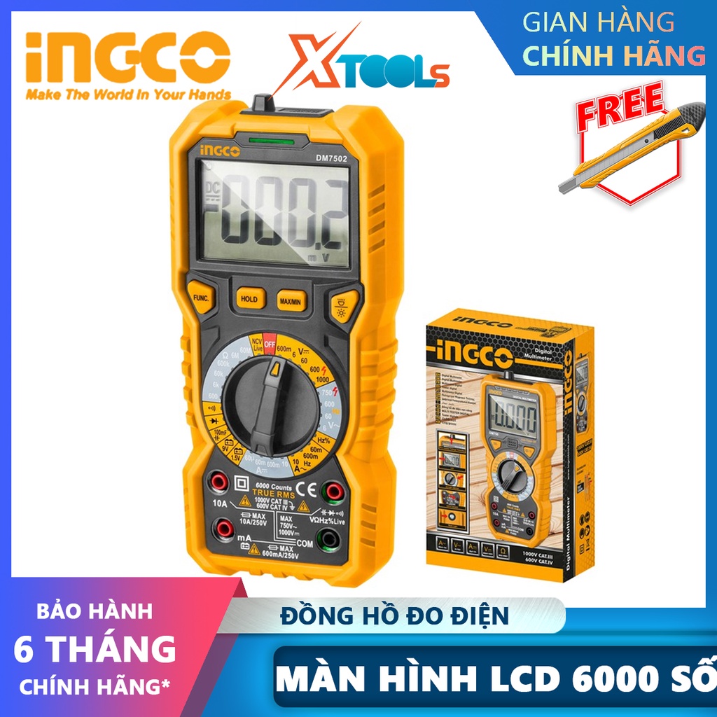 Đồng hồ vạn năng kỹ thuật số INGCO DM7502 | Đồng hồ đo điện vạn năng Màn hình LCD, số đếm 6000 Điện áp DC 600mV/6V/60V/6