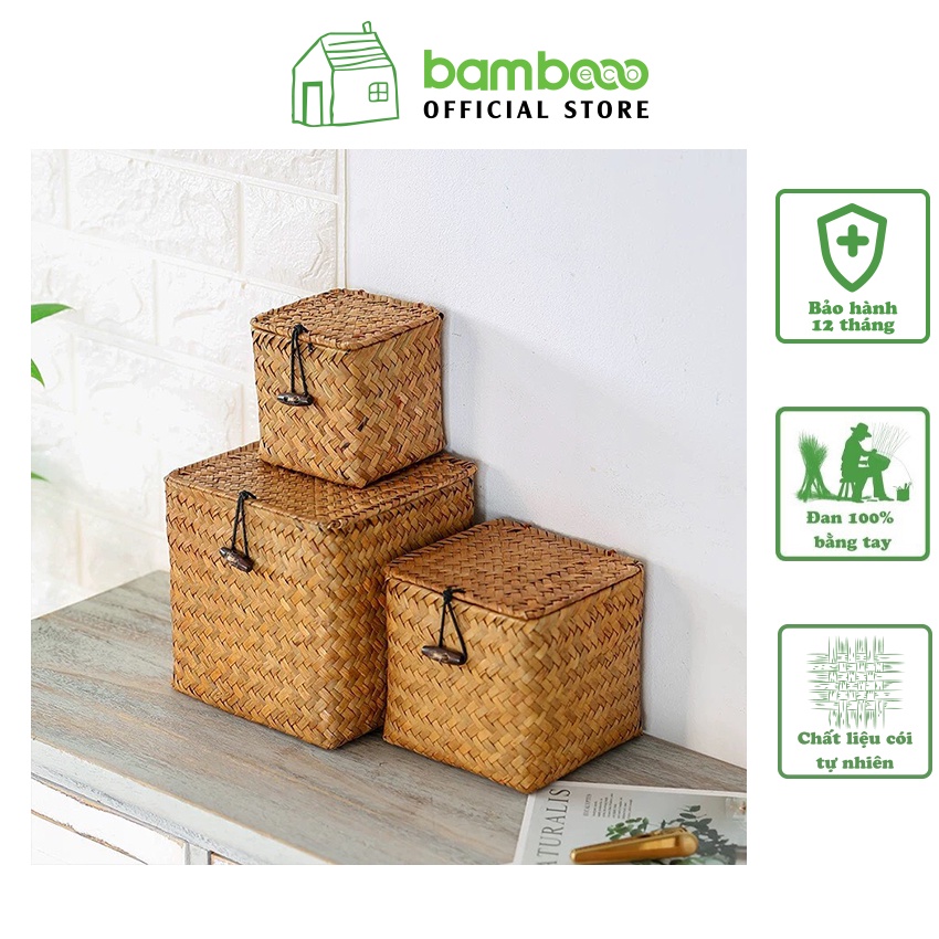 Hộp cói vuông BAMBOOO ECO mây tre đan đựng phụ kiện, dây chun đa năng