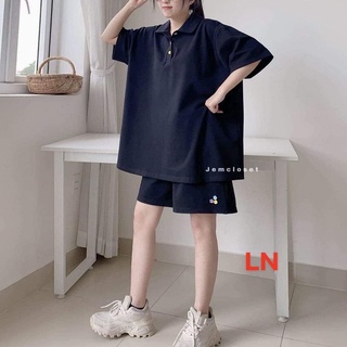 Set bộ đồ nữ Áo polo đen form thụng tay lỡ kèm quần đùi 3 bông hoa mặc ở nhà hay đi chơi đều xinh