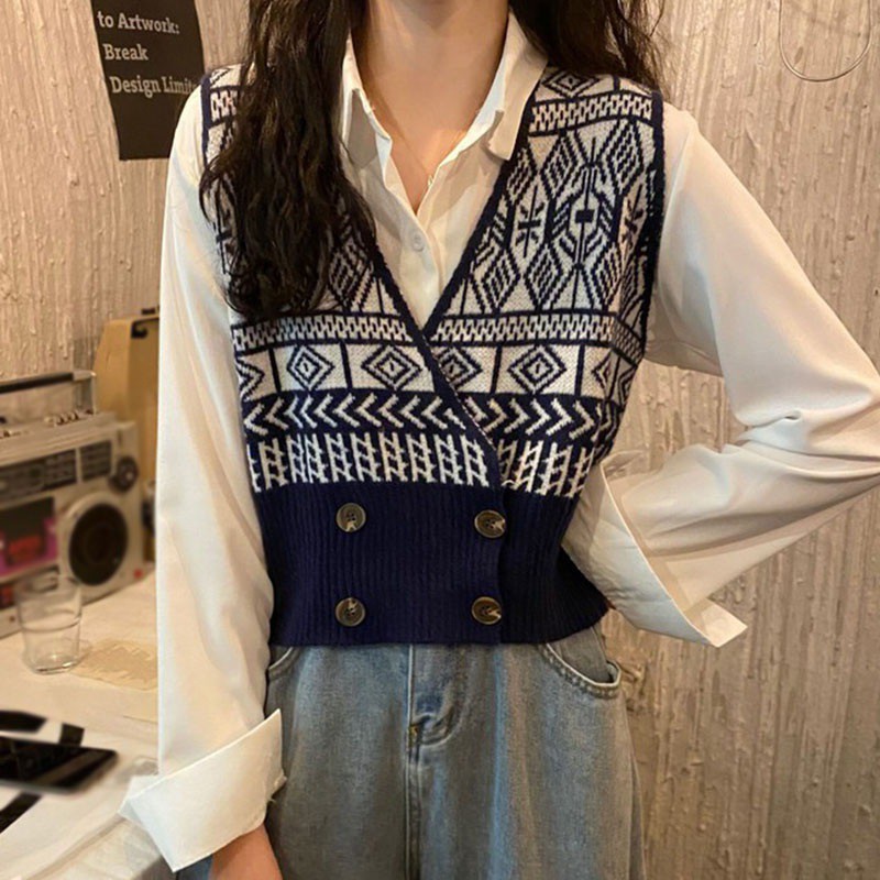 Áo Khoác Cardigan Không Tay Dáng Rộng Cổ Chữ V Cổ Điển Cho Nữ