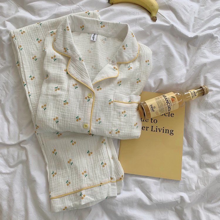 [Order - có ảnh thật] Bộ đồ ngủ nữ mặc ở nhà chất xô muslin hình quả cam Ulzzang