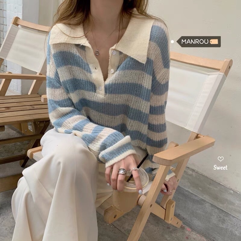 áo polo len sọc xanh trắng