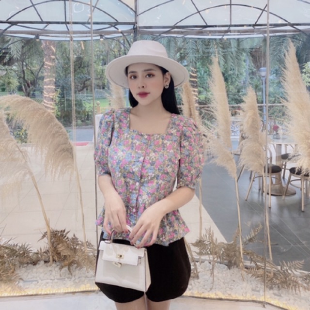 Áo hoa cổ vuông hàng thiết kế kèm ảnh thật SMS0121005