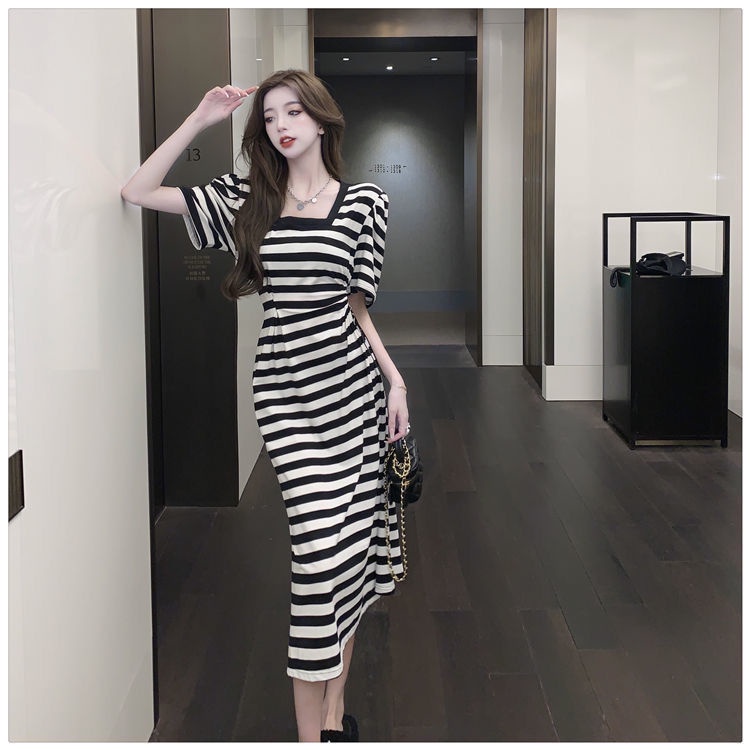 Đầm Dài Tay Ngắn Cổ Vuông Họa Tiết Kẻ Sọc Màu Sắc Tương Phản Thời Trang Mùa Hè Cho Nữ