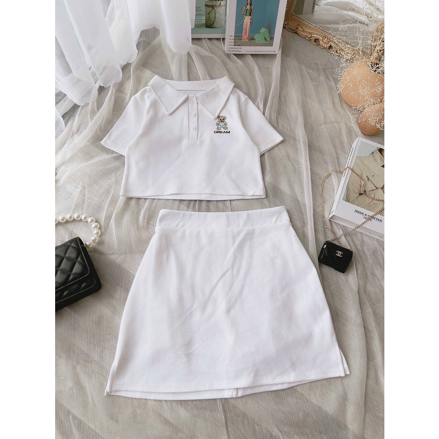 Set áo crotop POLO cao cấp áo thiêu gấu chân váy trắng xinh xinh XUKA DRESS DT002