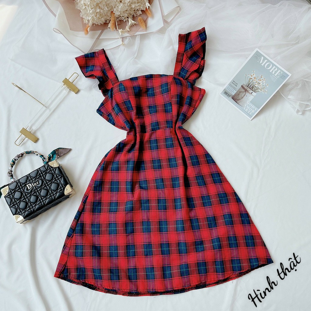 váy nữ kẻ caro tay cánh tiên phong cách tiểu thư babydoll hình thật cuối | BigBuy360 - bigbuy360.vn