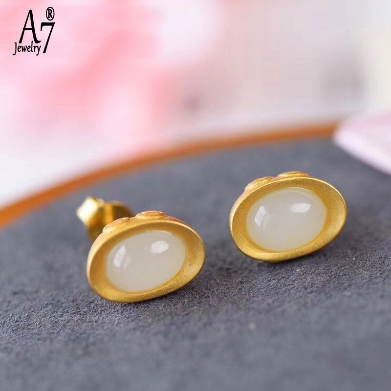 Bông Tai Bạc A7 S925 Đính Đá Ngọc Bích Trắng Nhỏ Xinh