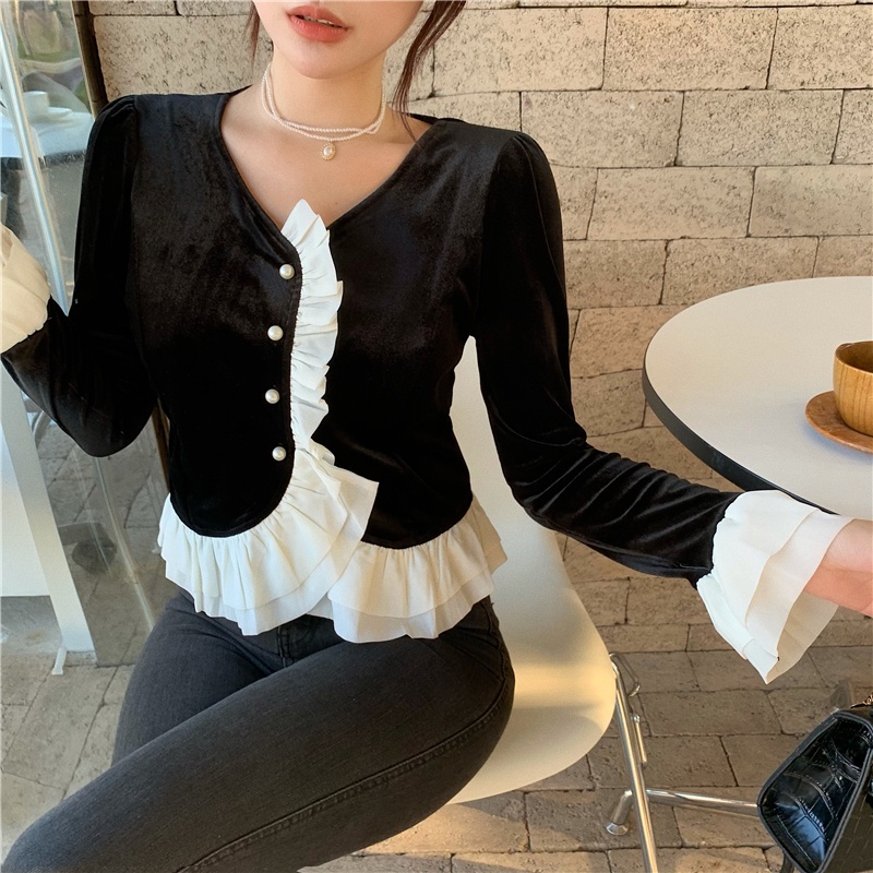 Áo nhung tay dài phối bèo thời trang mùa đông dễ phối đồ